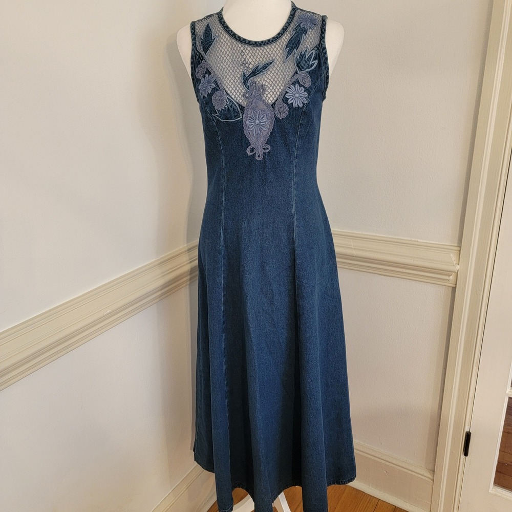 Vintage Styleworks Denim Maxi Dress Blue Embroidered Mesh Floral Boho Women's 4 - Picture 2 of 12